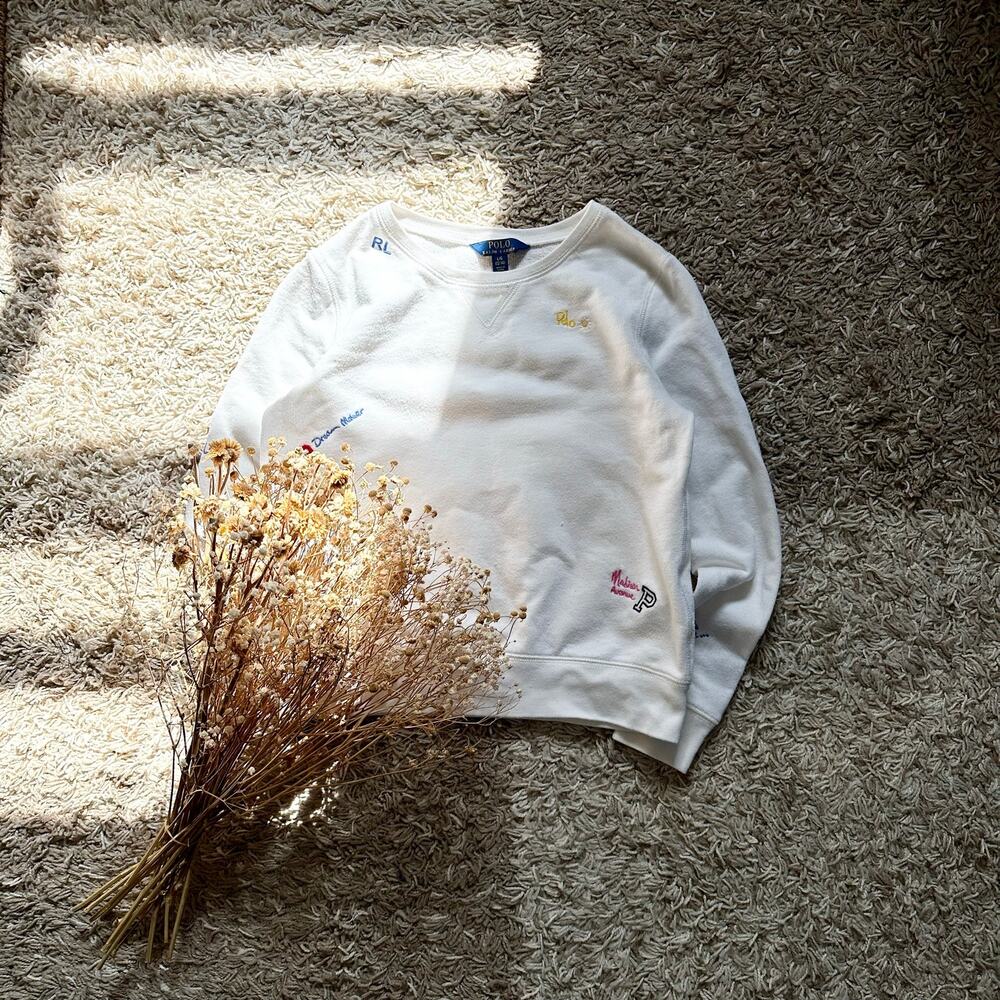 Polo Ralph Lauren White Sweatshirt Monogram Logo Big Kids Teen Youth Sz L 12-14